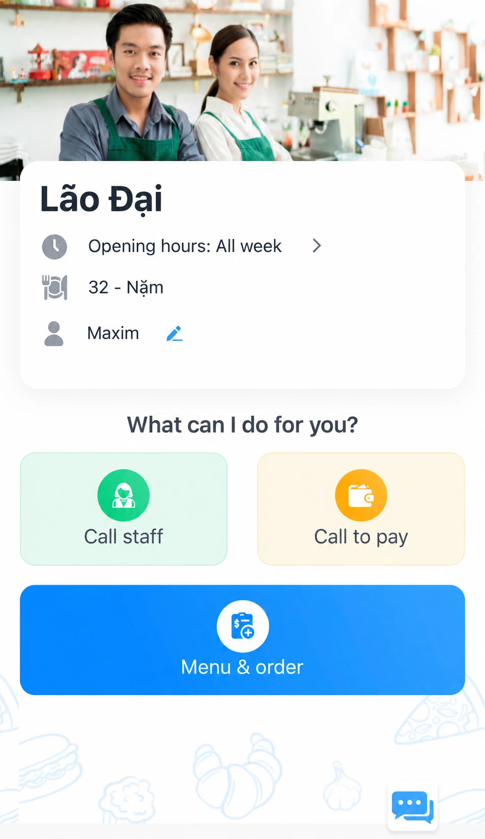 Màn hình chính của Lão Đại với nút gọi nhân viên, thanh toán và menu